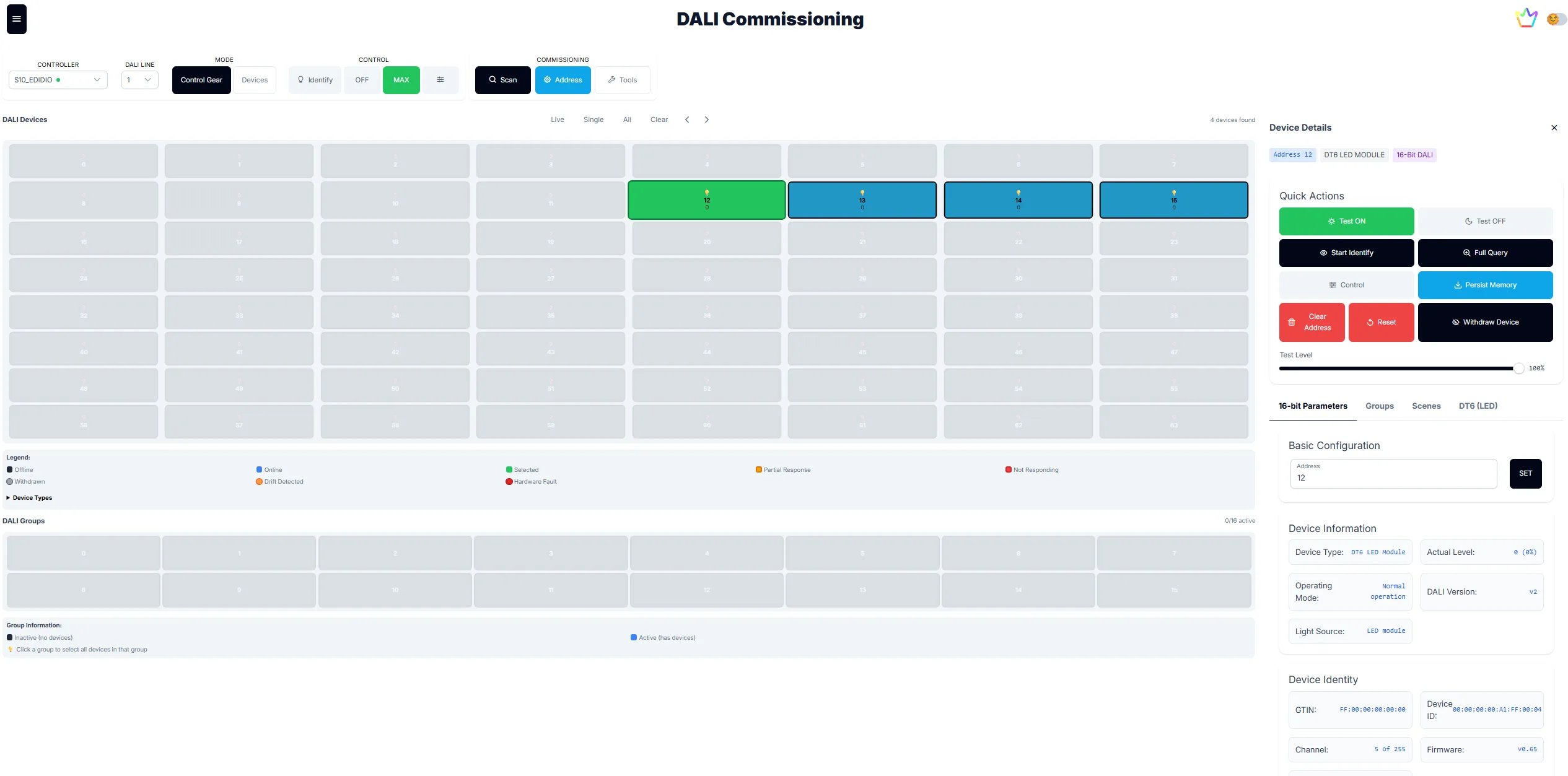 Spektra+ DALI Commissioning screen for discovering and addressing fixtures