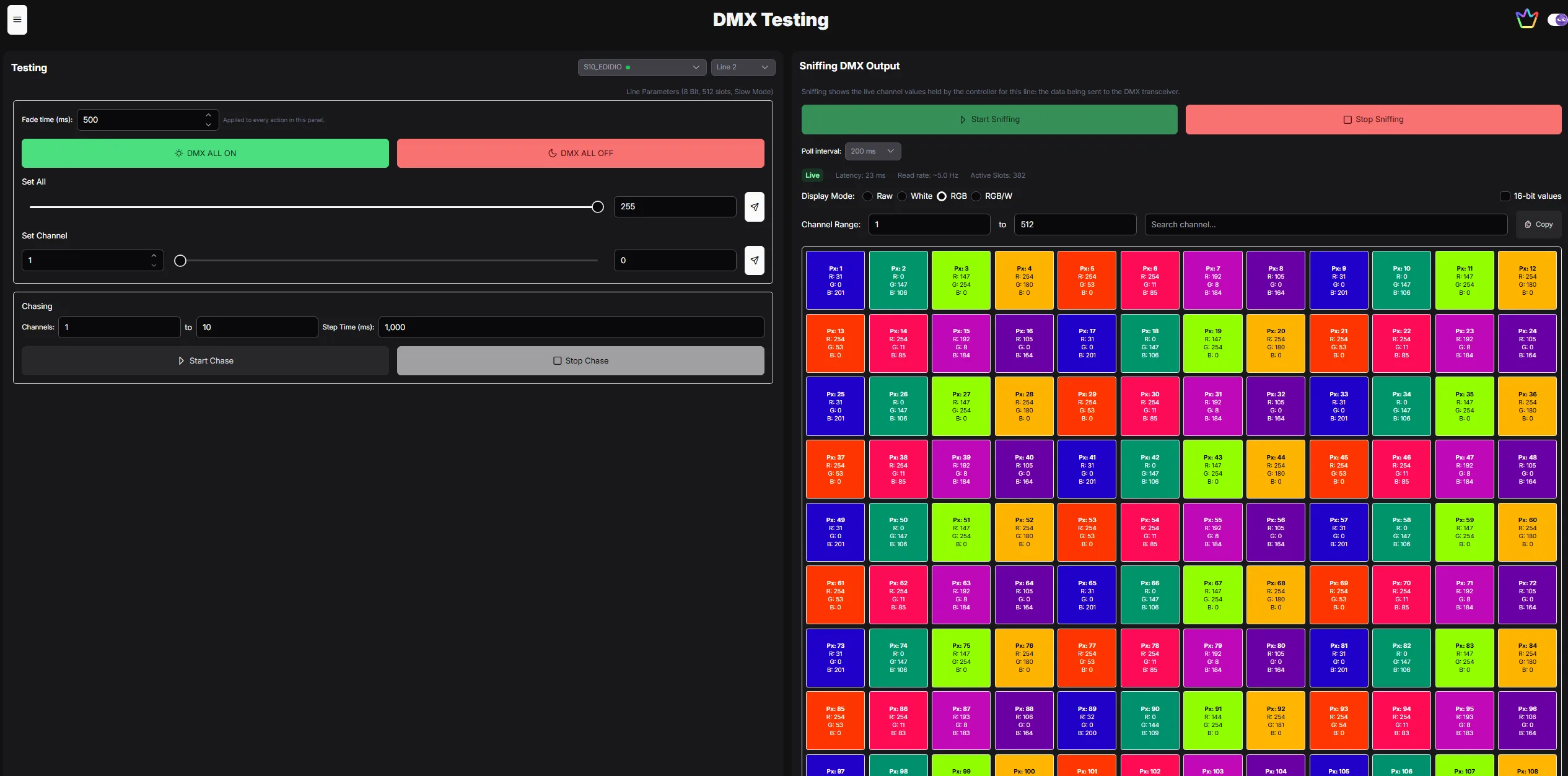 Spektra+ DMX channel control screen showing per-channel configuration and live adjustments