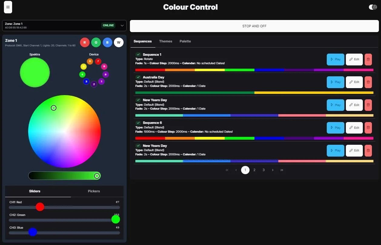 Spektra+ Colour Control screen — colour wheel, live channel sliders and saved sequences