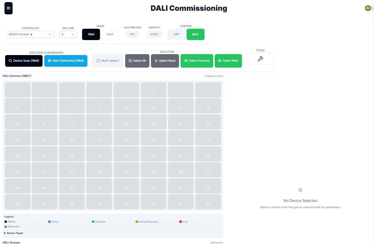 Spektra+ DALI Commissioning screen for discovering and addressing fixtures