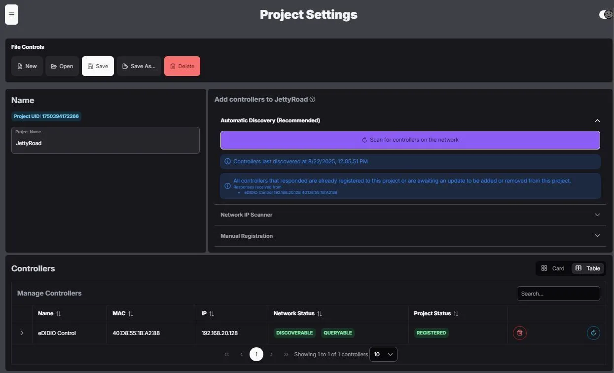 Spektra+ Project Settings screen showing controllers and configuration